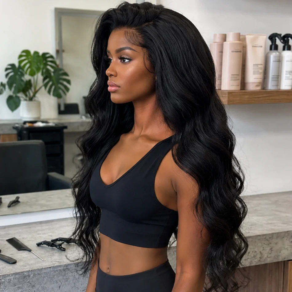 

Premium Extra Long 40 Inch 250% Density Natural Black 13x4 HD Lace Frontal Body Wave Bouncy Silky Soft 13x6 Remy Human Hair Wigs Pre Plucked Hairline Invisible Bleached Knots 5x5 Closure Wear and Go Tape Free Thick Full Ends