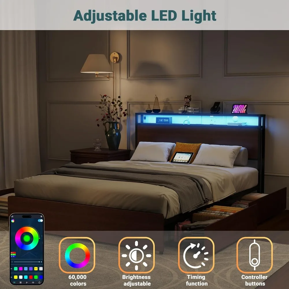 Marco de cama tamaño Queen/Full con 4 cajones de almacenamiento y cabecero con luz LED de almacenamiento de 2 niveles, sin ruido, No requiere somier