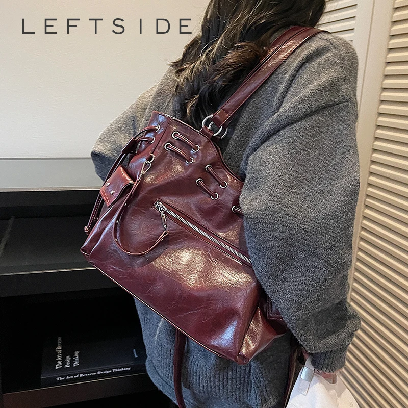 

LEFTSIDE Women Large Capacity Pu Leather Shoulder Bag 2025 Winter Retro Soft Tote Bag Luxury Designer New Trend Brand Handbags