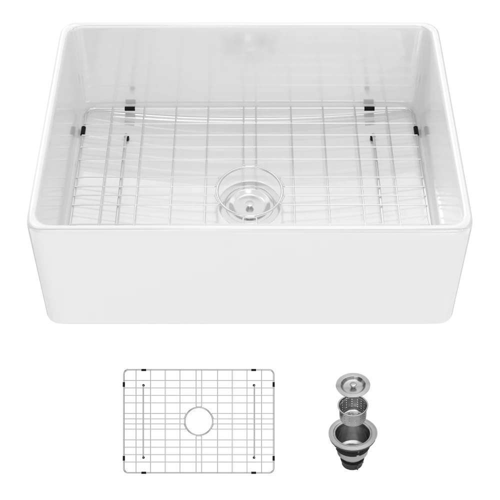 28 White Farmhouse Sink - 28 Inch Kitchen Sink Ceramic Single Bowl with Drain Assembly and Bottom grid