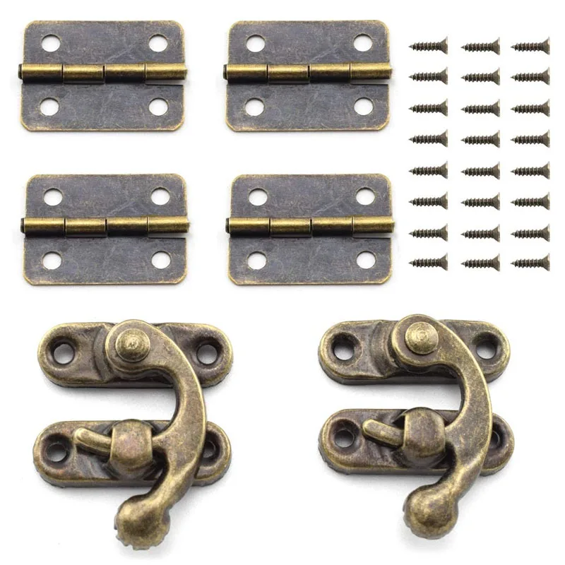 4Pcs Retro Small Box Hinges And 2 Sets Antique Right Latch Hook Hasp Wood Jewelry Box Hasp Catch Decoration For Cabinet Box