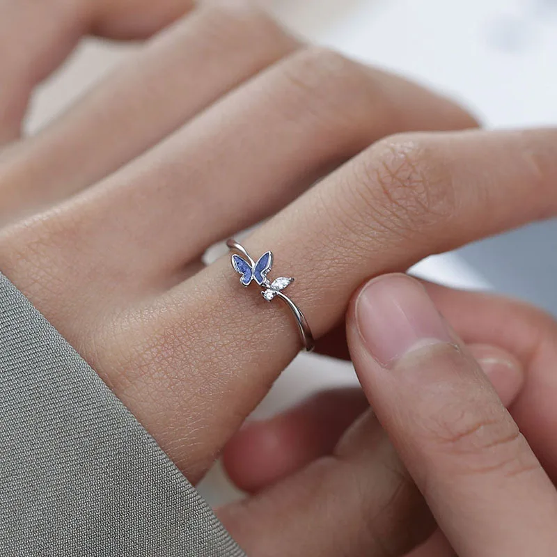 Silver Blue Butterfly  Rings For Women Romantic Fashion Jewelry Beautiful Shiny Zircon Finger Open Rings For Party Birthday Gift