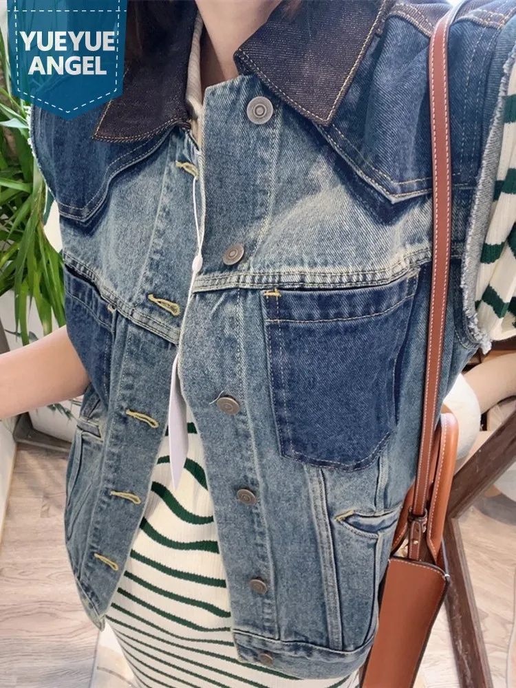 

Fashion Women Spliced Sleeveless Denim Vest Jacket Loose Fit Boyfriend Style Casual Waistcoat Lapel Collar Single Breasted Vests