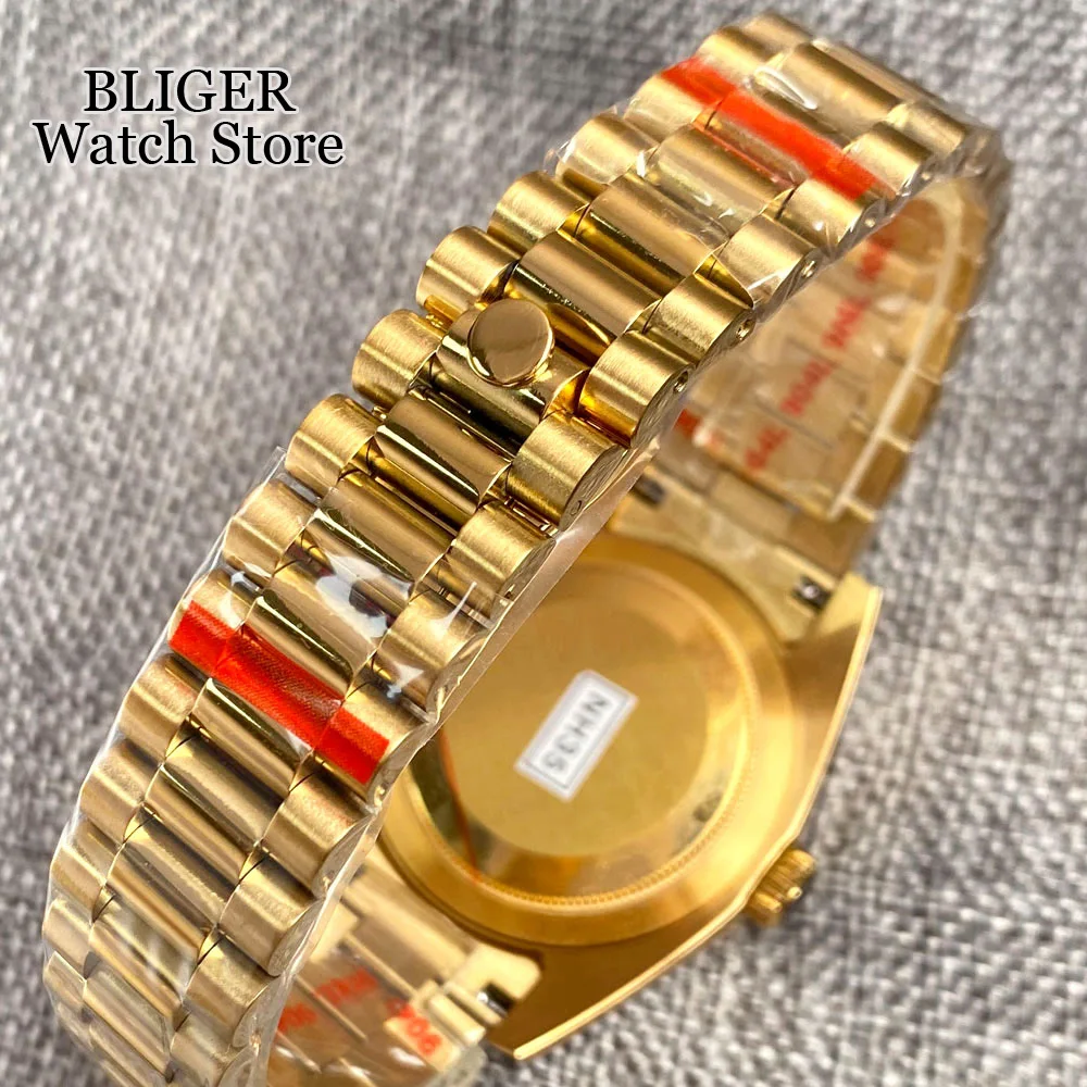 BLIGER 36mm 39mm Polished Fluted Bezel NH35A Automatic Men Watch Gold Roman Numbers Silver Dial Steel Bracelet Sapphire Glass