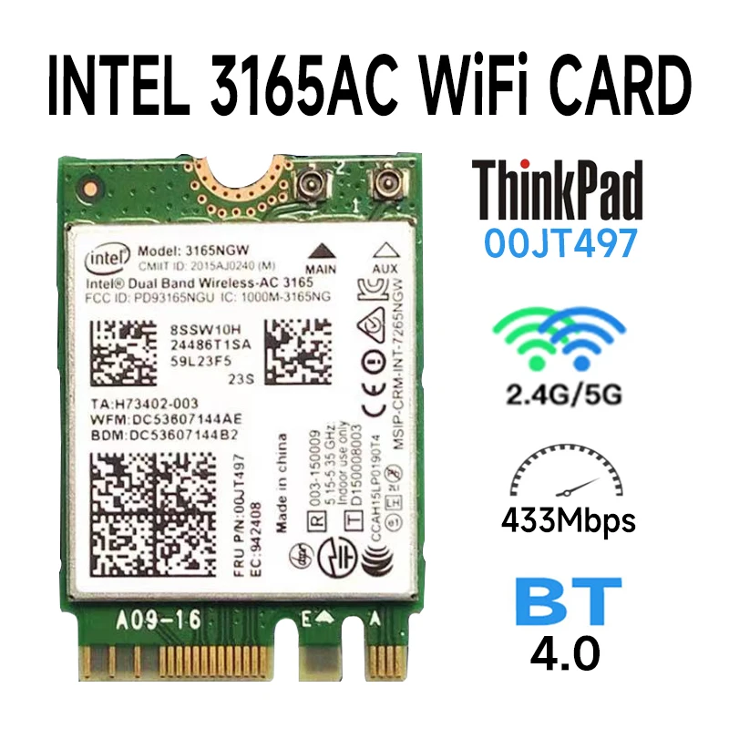 

3165 2x2 802.11AC + BT4.0 NGFF/M.2 Wi-Fi card for E460 E560 B71 Yoga 310-11iap series FRU:00JT497