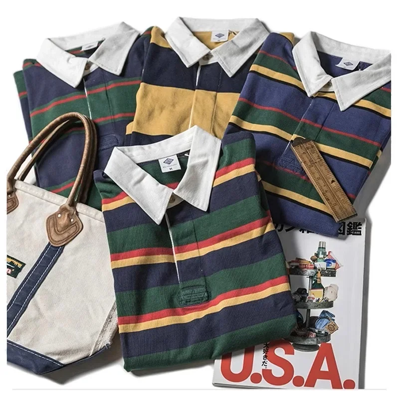 Non Stock Ivy League Fashion Striped Polo Shirt Retro Preppy Style Men's Long-Sleeve Tee