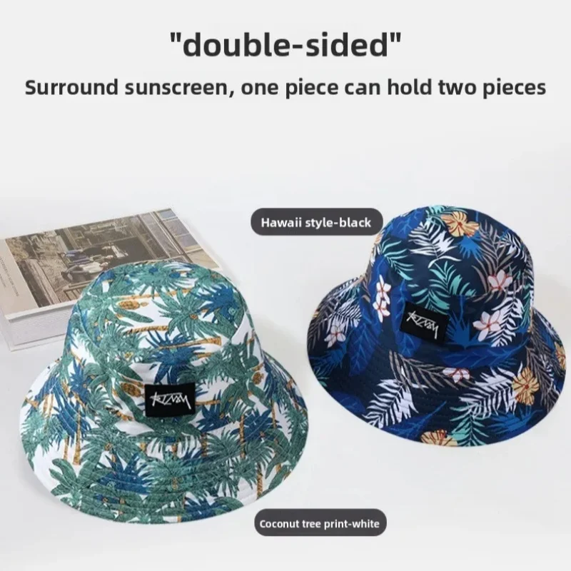 Spring/Summer Sun-Protect Big Head Size Fisherman Hat Outdoor Hawaii Unisex Casual Panama Hat Hip Hop Fashion Print Bucket Caps