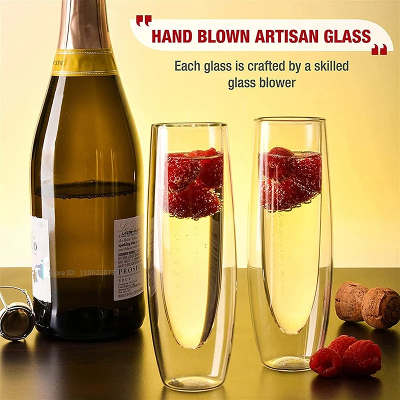 Double Wall Heat Resist Champagne Glasses Set Glass Cup Stemless Sparkling Wine Glasses Transparent Wine Flute for Wedding