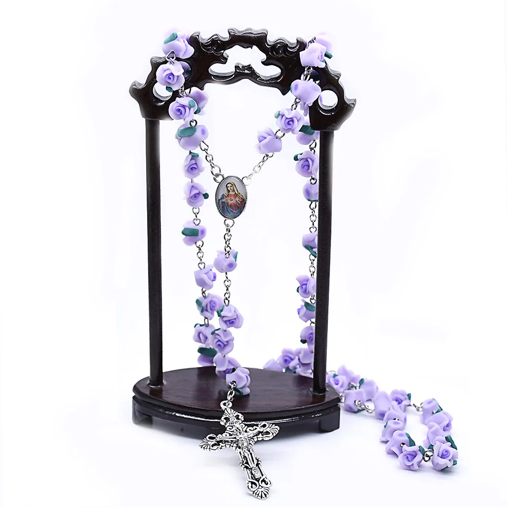 الملونة اليدوية بوليمر كلاي روز الصليب قلادة عقد خرز النساء ماريا يسوع الكاثوليكية المسيحية الدينية مجوهرات هدايا