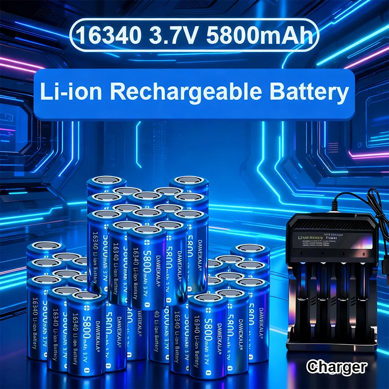 بطارية قابلة للشحن مع شاحن حائط، مصباح يدوي LED، استخدام الطوارئ للسفر، CR123A، 16340، 3.7 فولت، 5800 مللي أمبير في الساعة