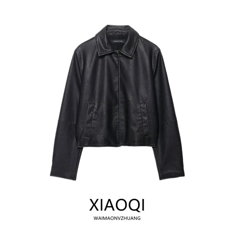 Kedatangan Baru Musim Gugur 2025 Jaket Luar Wanita Model Longgar Bahan Kulit Imitasi untuk Kerja, Kancing Panjang, Panjang Reguler