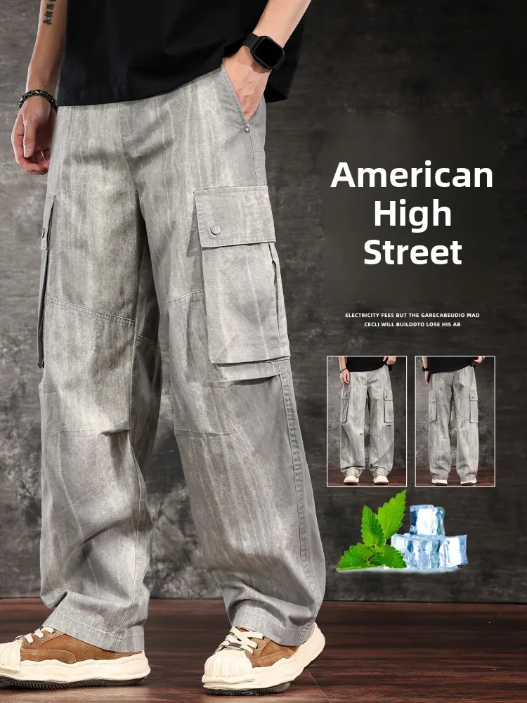 

Американские рабочие брюки в стиле ретро, мужские летние тонкие прямые свободные повседневные длинные брюки, дышащие удобные хлопковые однотонные брюки