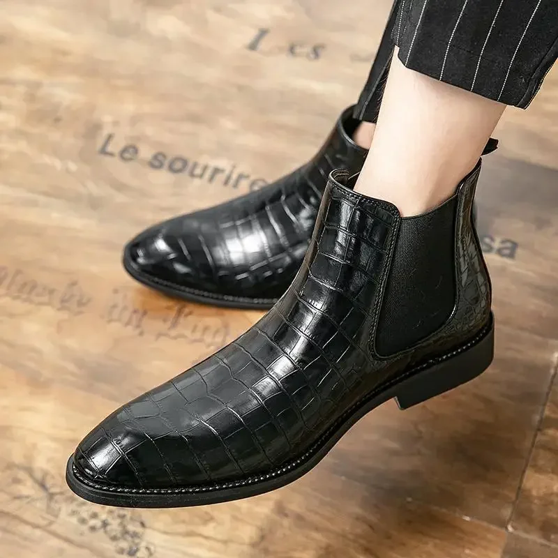 New 2024 Autumn Men Leather Ankle Boots Slip on Casual Shoes Fashion Plaid Design Chelsea Boot Men High Top Botines image 5