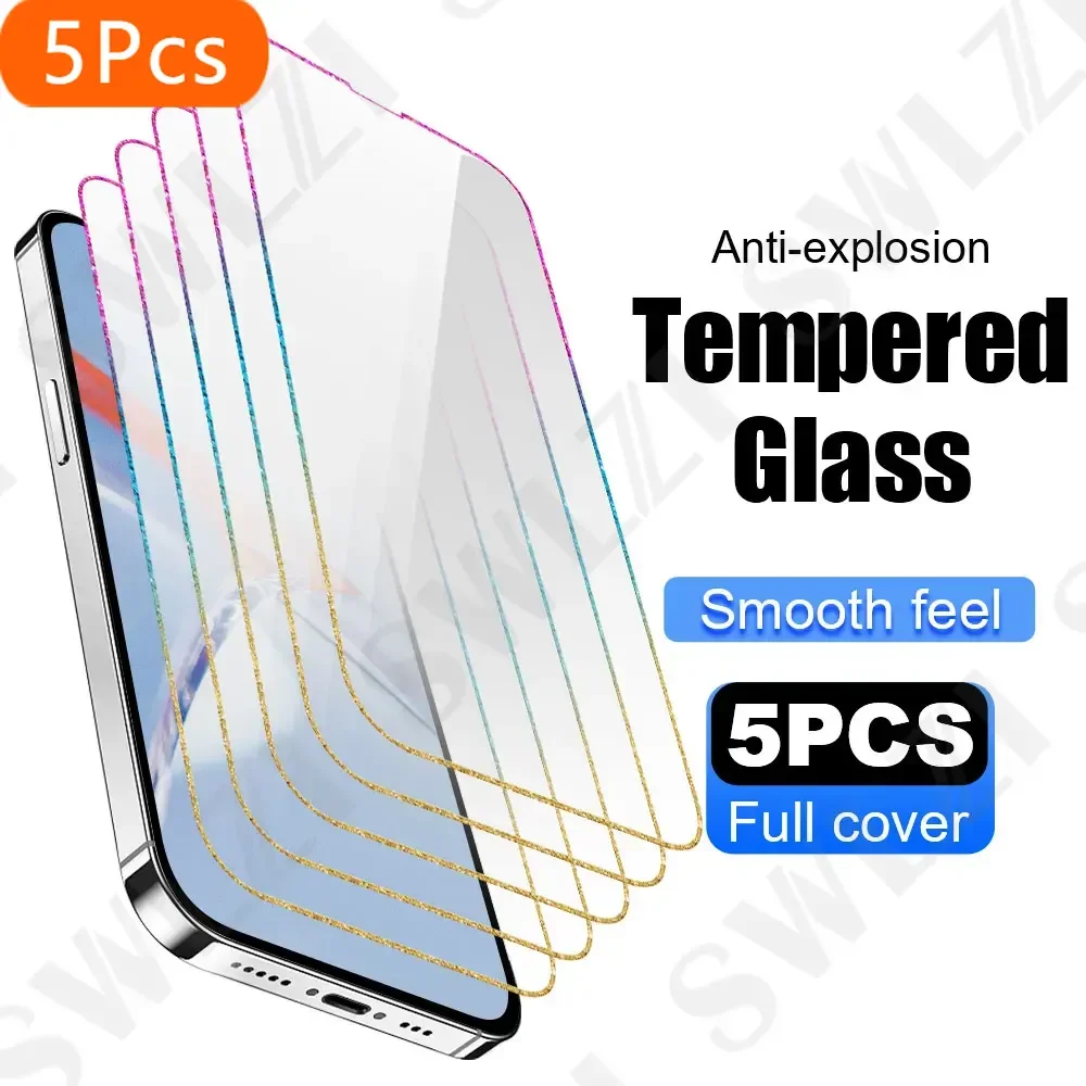 

5Pcs Tempered Glass Smartphone Screen Protector for IPhone 16 Pro Max Bling Border Protective Film 15 Plus 14 13 12 Mini 11 Pro