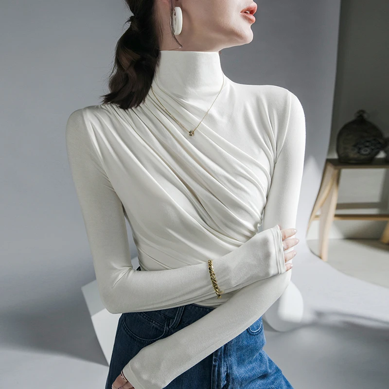 Autumn/Winter Turtleneck Stretch Cotton T-Shirt Women Basic Solid Color Long Sleeve Pleated Pullover Top Harajuku T-Shirt Women