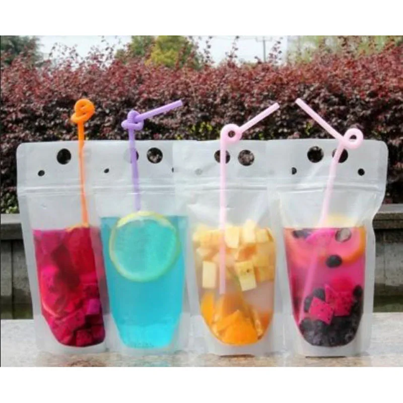 Drink Pouches Bags frosted Zipper Stand-up Plastic Drinking Bag with straw with holder Reclosable Heat-Proof 17oz 500ml