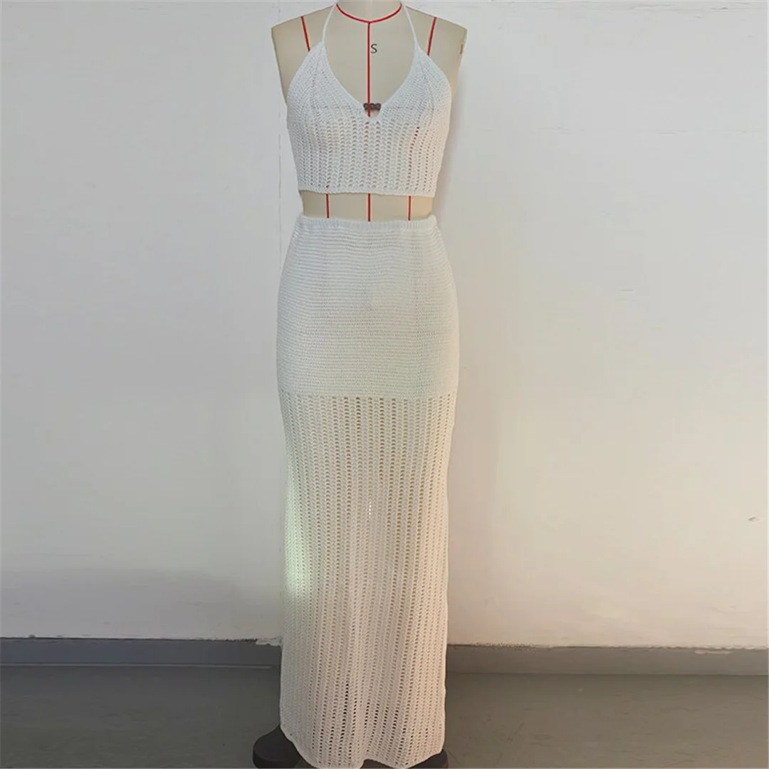 V-Ausschnitt, Halterneck, einfarbig, gehäkelt, gestrickt, zweiteiliger Anzug, Strandkleid, Strandmode, Strandbekleidung, Strandüberwurf, Damen, V7648 – Detail 8