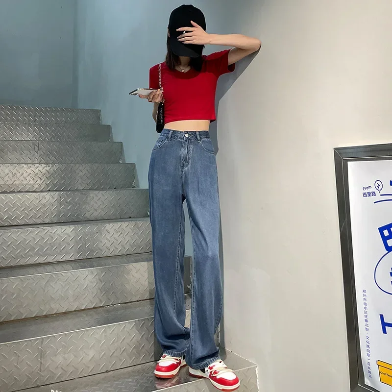 2024 New Tencel Pants Small Summer Thin Style High Waist Slimming Everything Hang Feeling Loose Straight Wide Leg Jeans Female