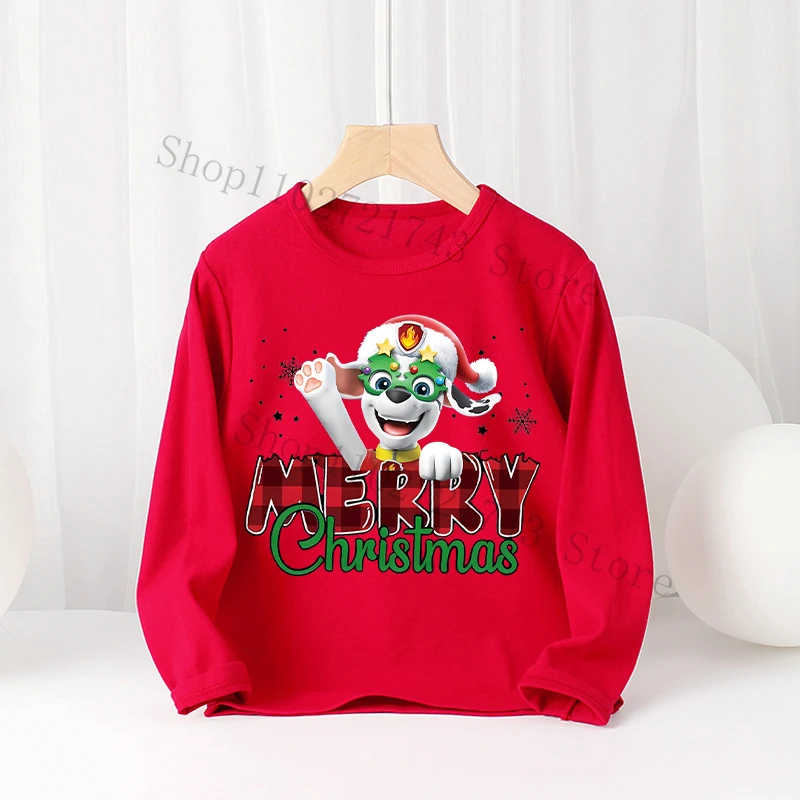 Paw Patrol Christmas Long Sleeved for T-shirt Children Anime Cartoon Cute Top Boys Girls Xmas Undershirts New Year Kids Clothes