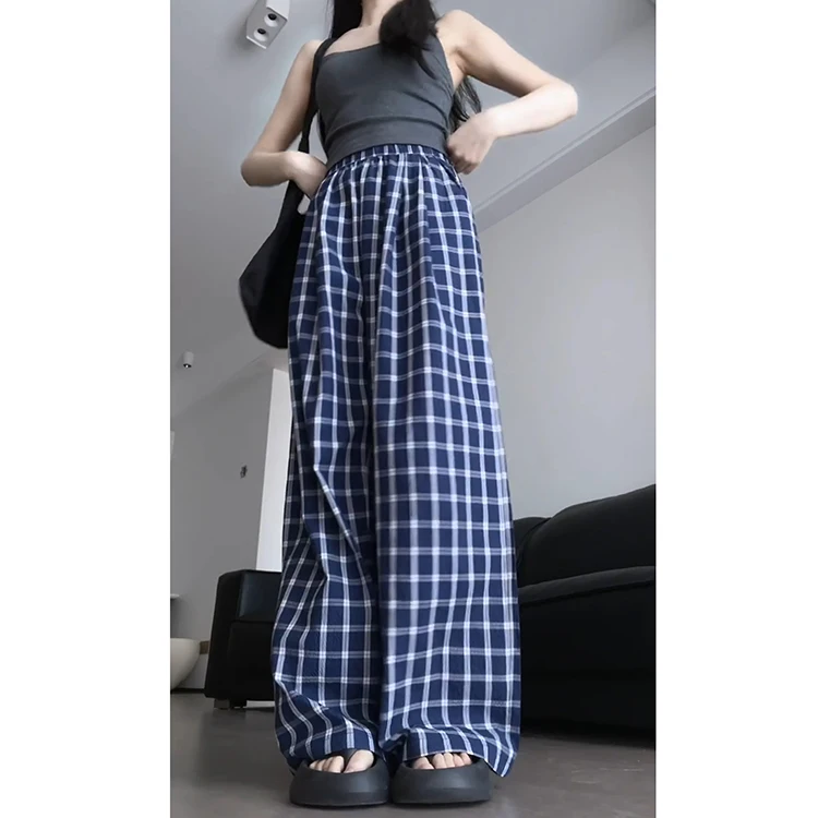 Pantaloni larghi larghi scozzesi retrò bianchi blu Pantaloni estivi da donna sottili nuovi Sle Pantaloni casual a gamba dritta Pantaloni lunghi a vita alta