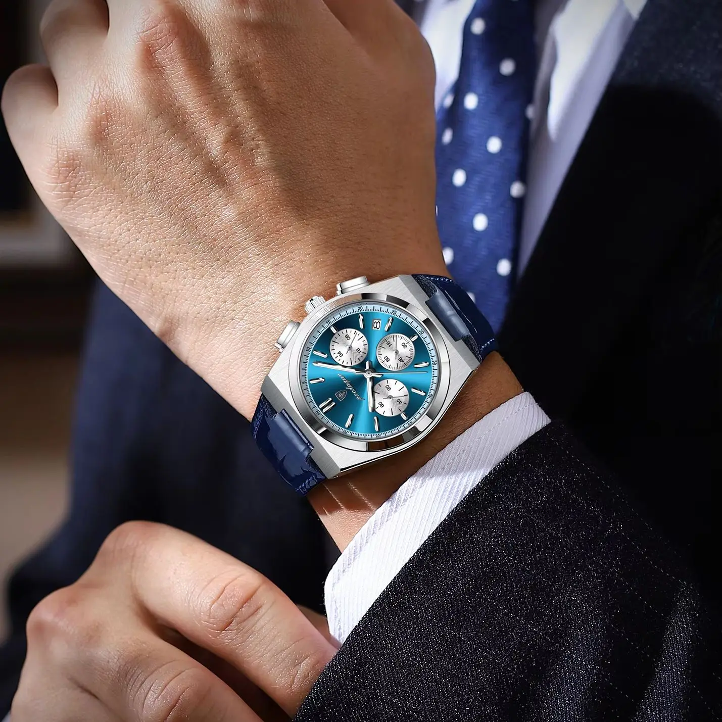 Мужские кварцевые часы с хронографом, кожаным ремешком