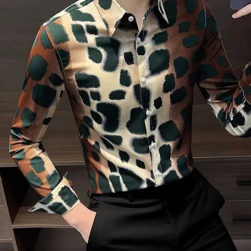 Fashion Lapel Button Printed Gradient Leopard Shirts Men\'s Clothing 2024 Spring Summer New Loose All-match Tops Casual Shirts