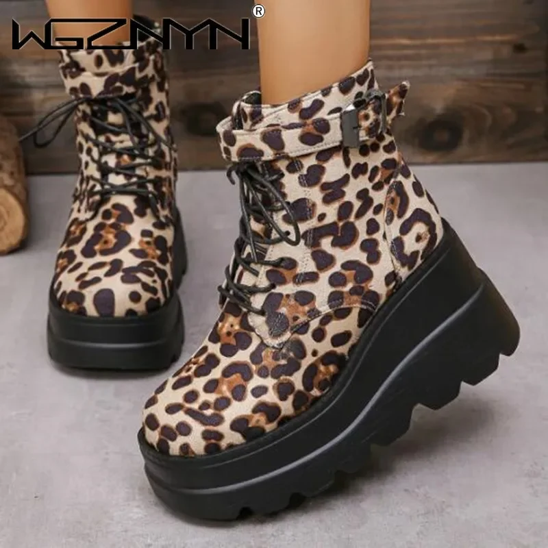 NEW Ladies Shoes 2025 Brand Ankle Women's Boots Platform Modern Boots Women Leopard Zip Lace-up Belt Buckle Wedge Shoes Female