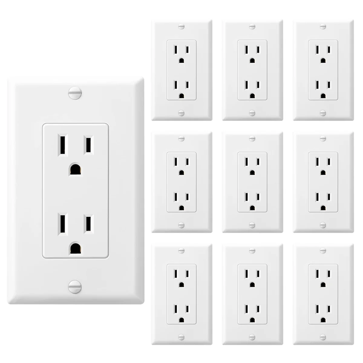 10 Pack Tamper-Resistant Electrical Outlet Decorator Receptacle Outlet with Wall Plate, 15A 125V, Self-Grounding