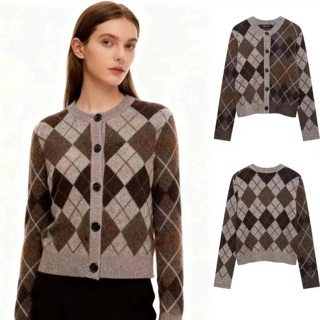 

Faionable Diamond Pattern Knitted Jaet Women's Autumn Winter New Arrival Street Sle Long Sve Woolen Coat for Ladies