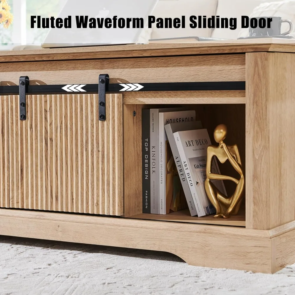 46" Fluted Lift Top Coffee Table with Sliding Door, Modern Center Table w/Adjustable Storage Shelf & Hidden Compartment