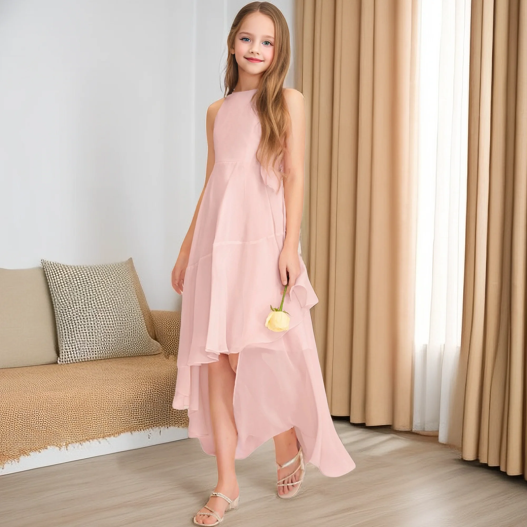 

High-Low Chiffon Junior Bridesmaid Dress For Kids Pageant Birthday Party Wedding Festivity Celebration Banquet Prom Night Event