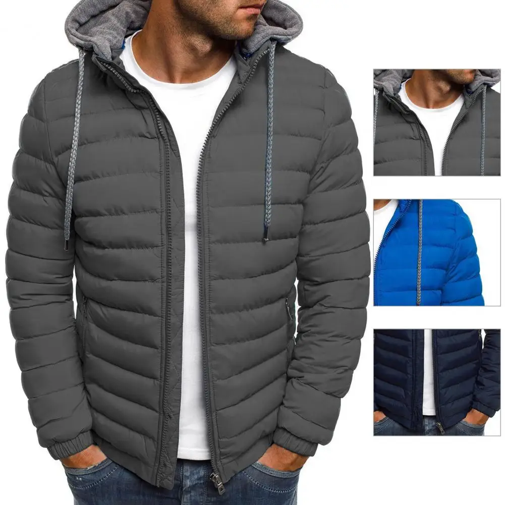 New Oversize Men Detachable Hat Padded Hooded Cardigan Drawstring Winter Thick Warm Jacket Outerwear Top