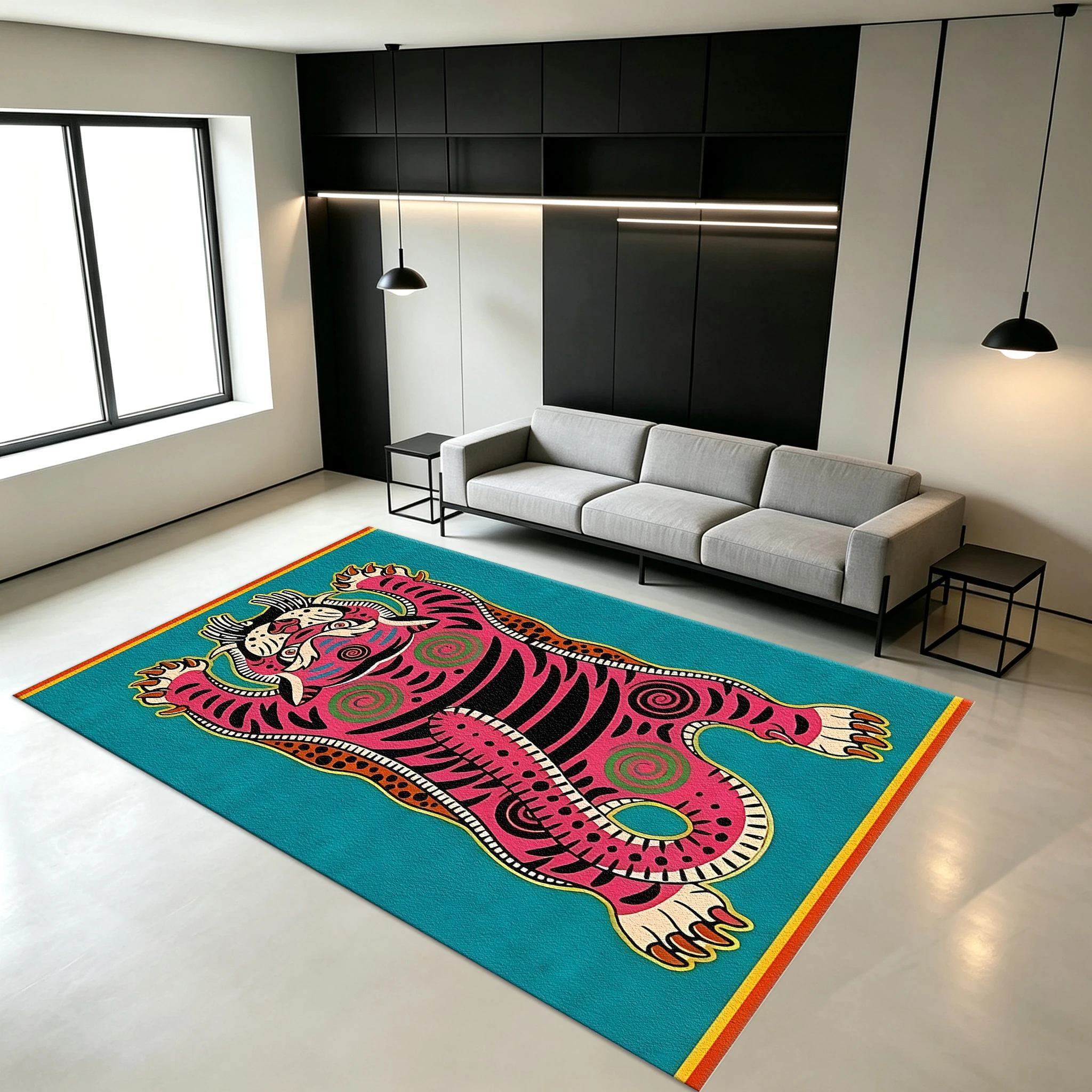 Colorful Folk Art Tiger Pattern Carpet Floor Mat Vintage Ethnic Style Non-Slip Carpet Suitable for Living Room Bedroom Home Decoration