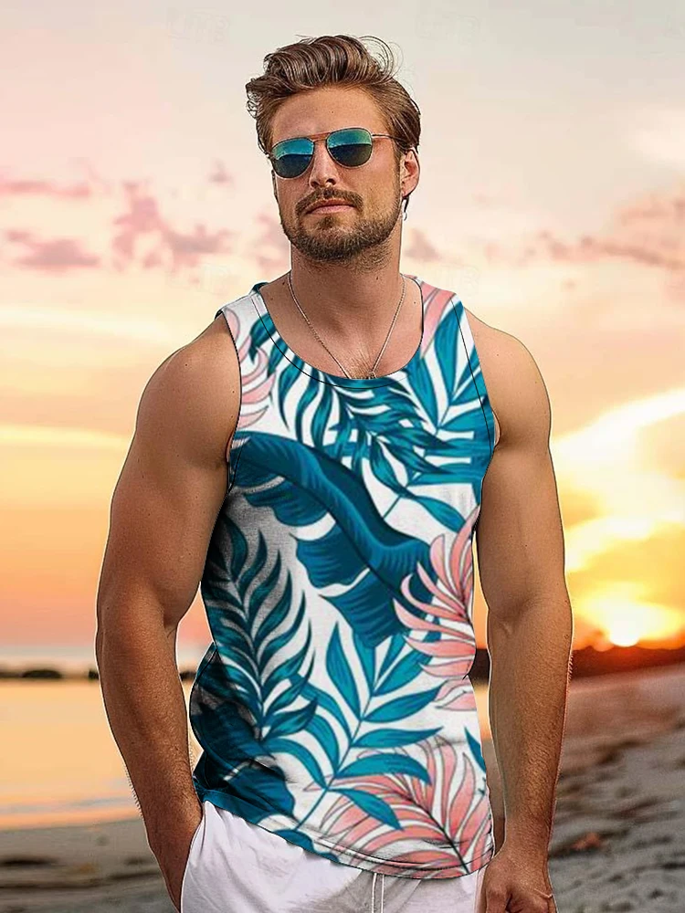 Summer Seaside Travel Loose Comfortable Tops Beach Vacation Casual Men's Tank Top Hawaiian Style Men's Vest Tropical Palm Print