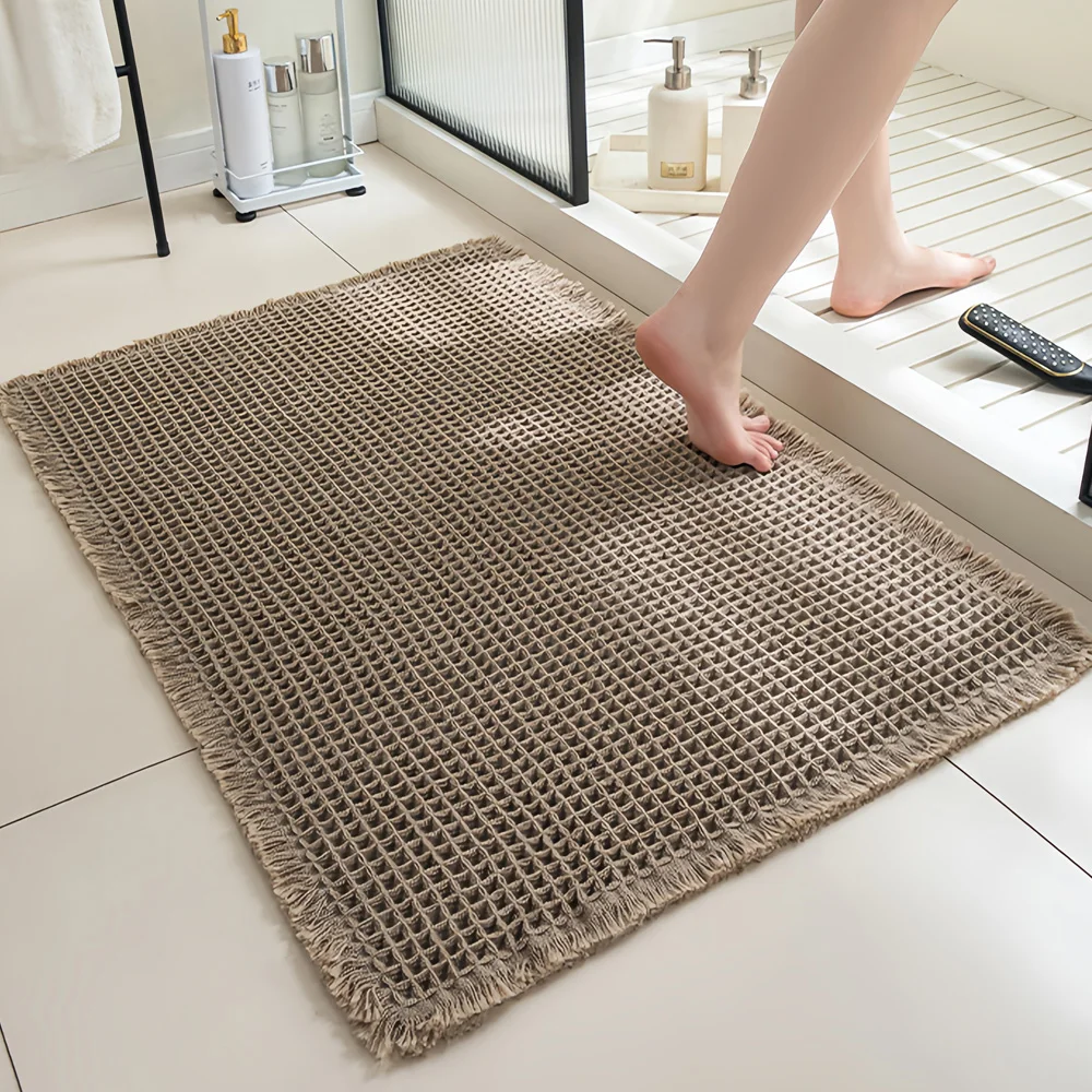 17*24in Waffle Bath Mats - Non-Slip Floor Mats Super Absorbent Bathroom Rugs with Tassels for Bathroom Floor Tub Beside Decor