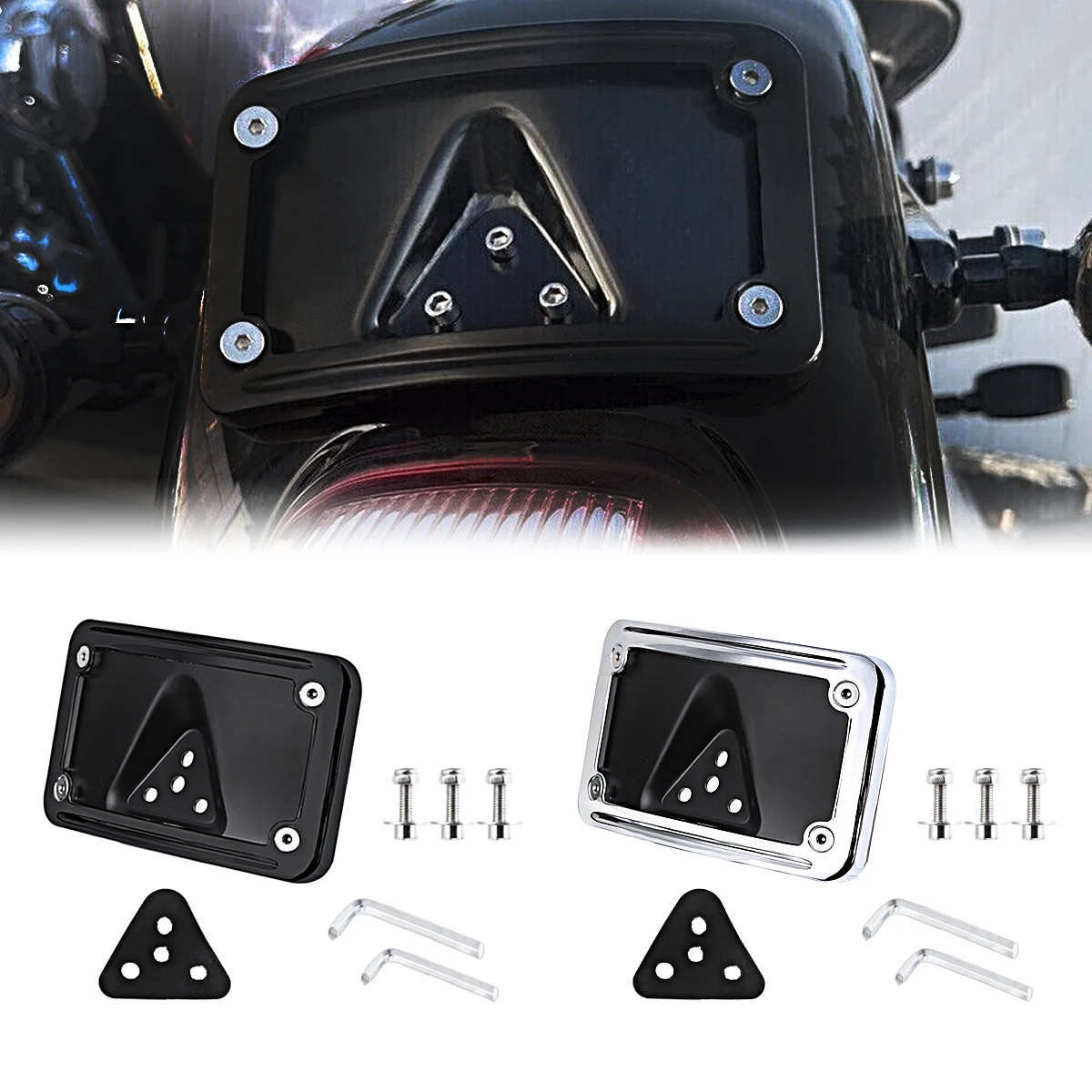 Chrome Black Curved Laydown License Plate Mount Bracket For Harley 3 Hole Dyna Sportster Mount