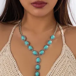 Bohemia Classic Green Stone Pendant Long Chest Chain Necklace for Women Sexy Vintage Geometric Choker Aesthetic Y2K Jewelry New