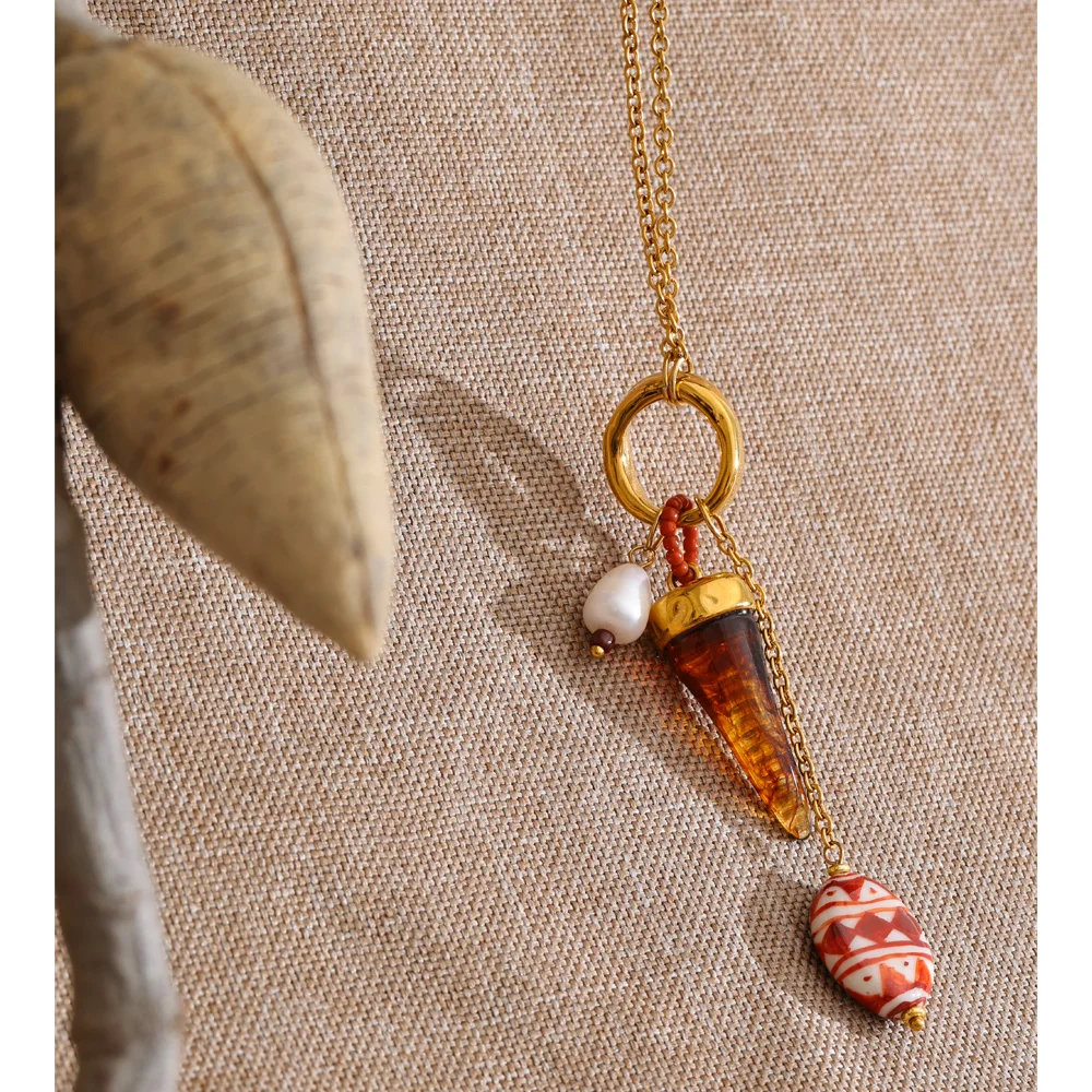 Yhpup 80+5cm Exclusive Design Ceramic Resin Horn Pendant Necklace for Women 2026 Waterproof Stainless Steel Fashion Long Jewelry