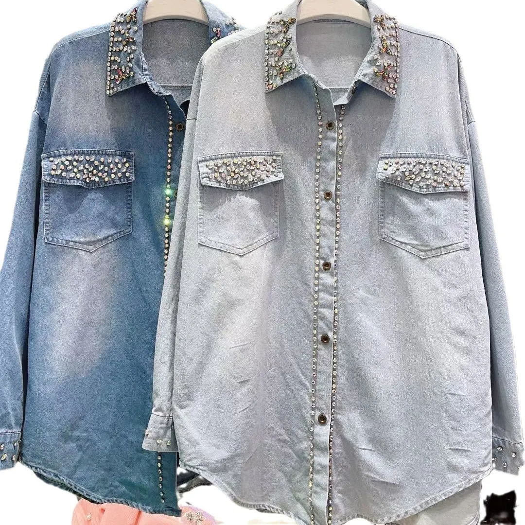 Trendy Brand Heavy Embedding Hot Drilling Blouse Women 2024 Spring New Beaded Lapel Long Sleeve Single-Breasted Denim Shirts