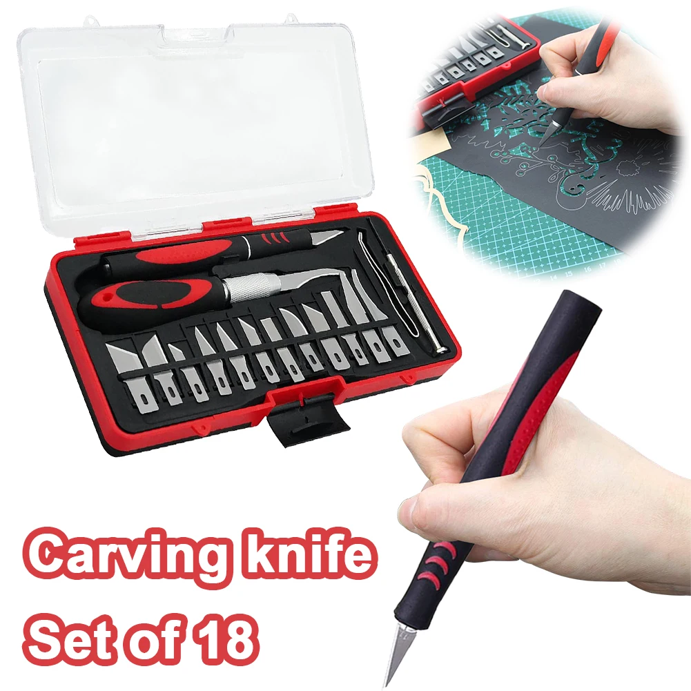 18Pcs Hobby Knife Anti-Slip Handle Carving Knife Set Craft Artwork Engraving Cutter Set for Art Modeling Scrapbooking Sculpture