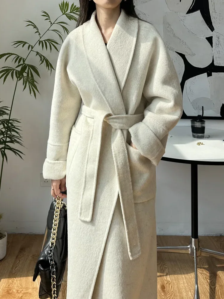 

New Bathrobe Double-sided Wool Coat Long Women New Fashion Loose Lace-up Laepl Warm Woolen Coat Overcoat Female Autumn Winter