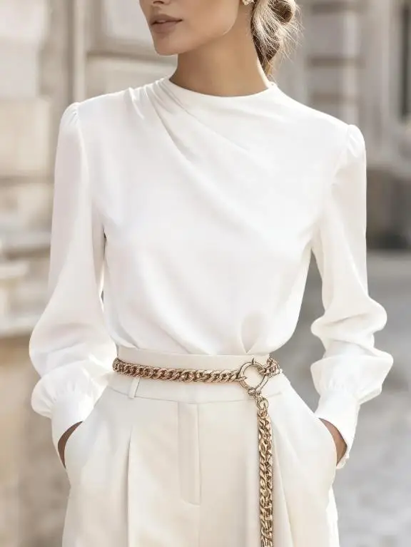 بلوزات نسائية أنيقة مزاجه التنقل الإناث الملابس اليومية بسيطة مطوي عالية الرقبة فانوس كم قميص علوي للنساء #2