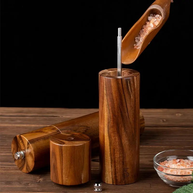 Cylindrical Wooden Salt and Pepper Grinder Set,Refillable and Matching Spice Mill,Wood Tray,Tall 8Inch,Manual Pepper Shakers Set