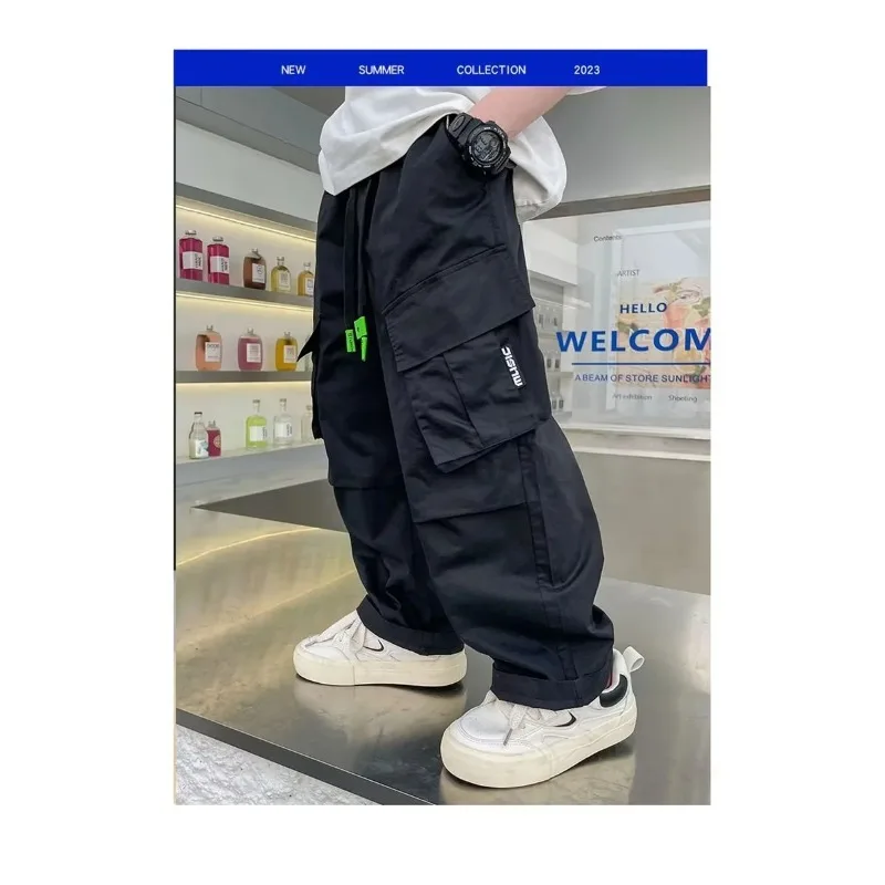 4-14 Jahre Jungen Casual Latzhose UNITIM Herbst Kinder Jungen Cargo-Hose Lose Elastische Taille Junior Jungen Hose mit Schriftzug Kinder Jungen Hose – Detail 16