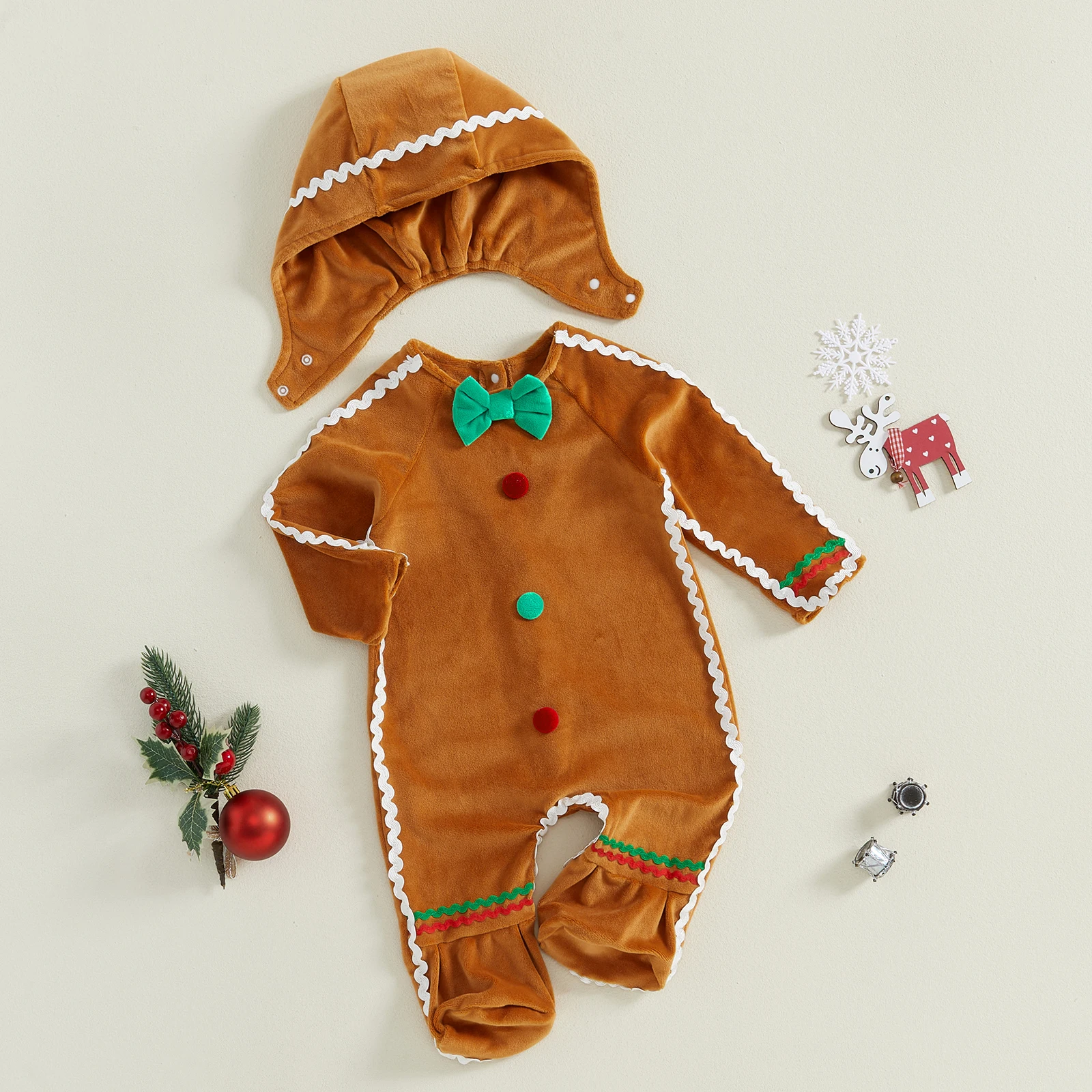 Halloween Toddler Baby Gingerbread Man Rompers Casual Long Sleeve Footed Jumpsuit and Cute Hat for Newborn Girl Boy