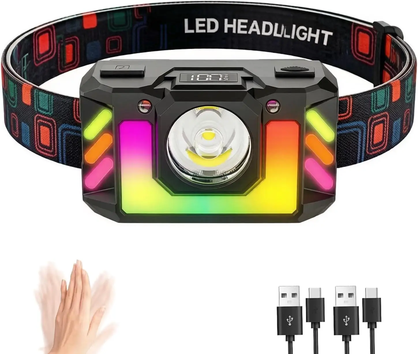 Rechargeable LED Headlamp, Super Bright Head Torch with 4 Modes and Multicoloured RGB Lighting, Sensor Control, Lightweight
