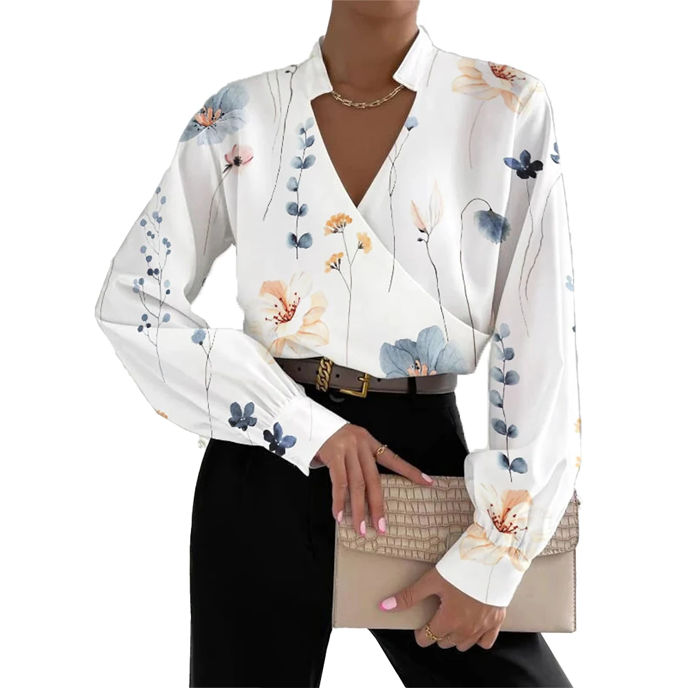 

Women's Wrap Deep V Neck Long Sleeve T Shirt with Printed Design OL Casual Blouse Tops in White Orange and Blue