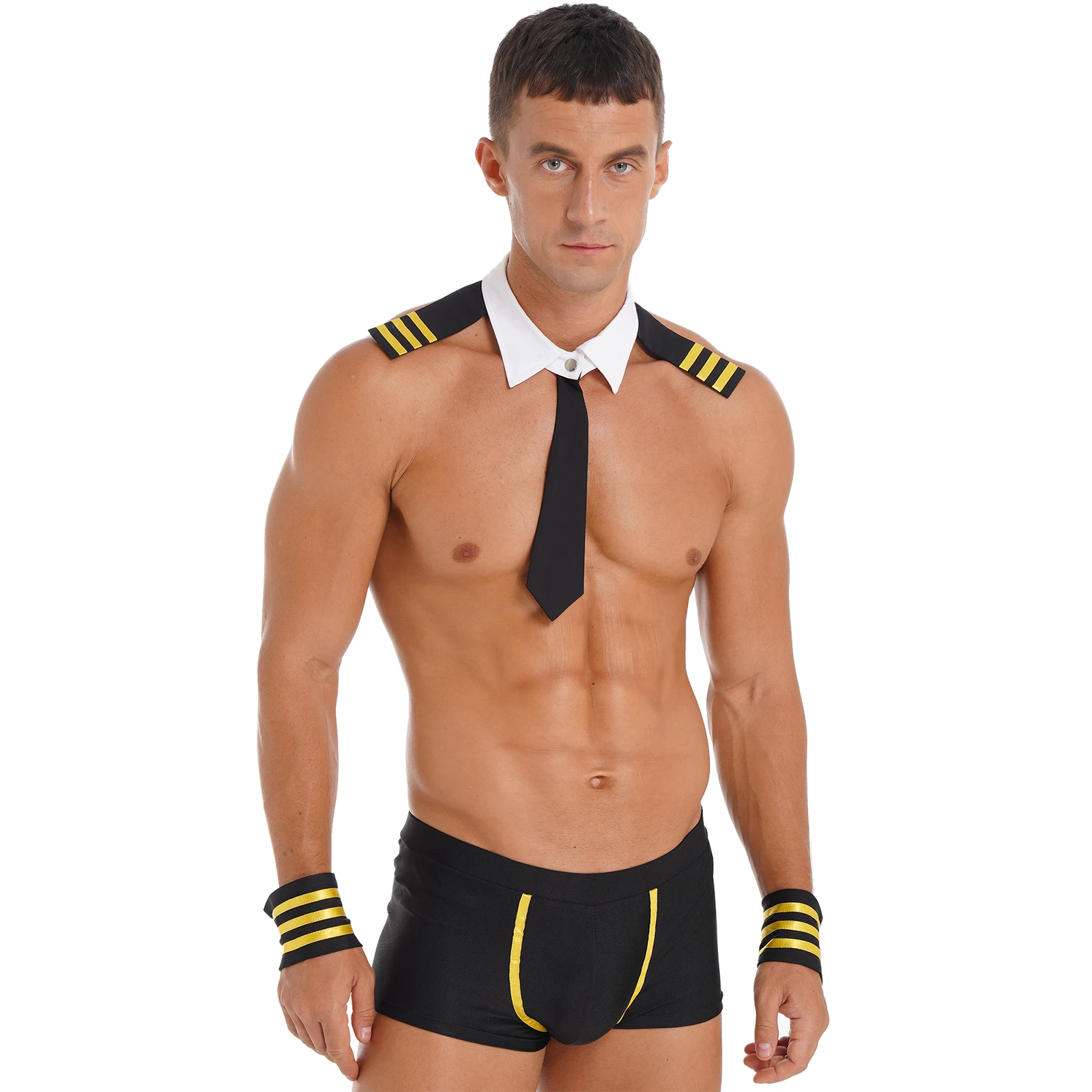 Men Captain Sailor Sexy Lingerie Halloween Cosplay Costume Outfit Boxer Shorts with Collar Cuffs Set Erotic Pilot Role Play Suit