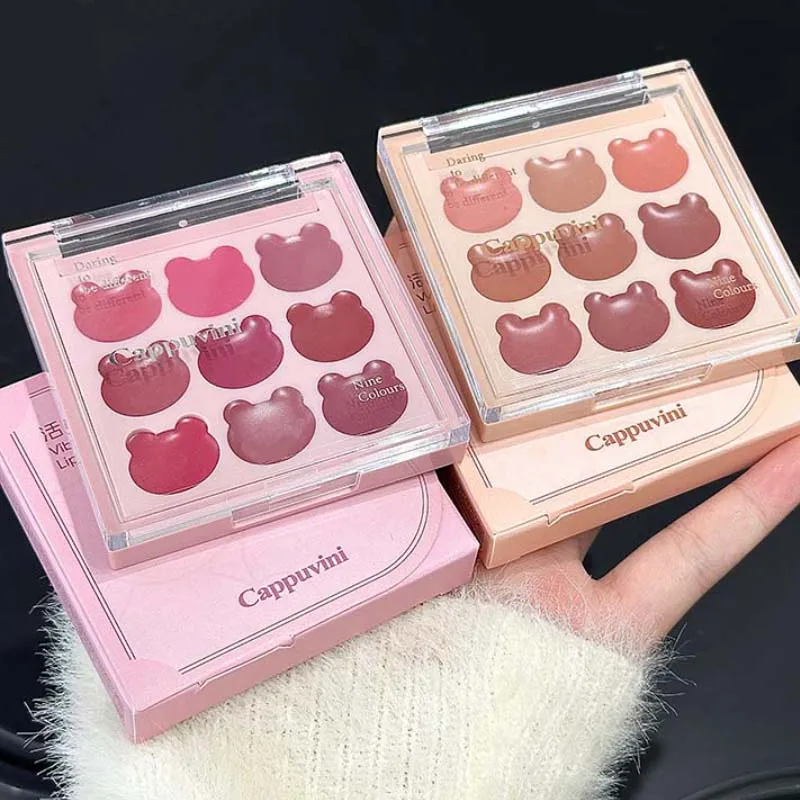 موس شفاه كابوفيني 9 ألوان مخملي - لمسة نهائية غير لامعة وطبيعية، يدوم طويلاً، غير قابلة للتجفيف، تصميم دب لطيف للمظهر الشبابي،