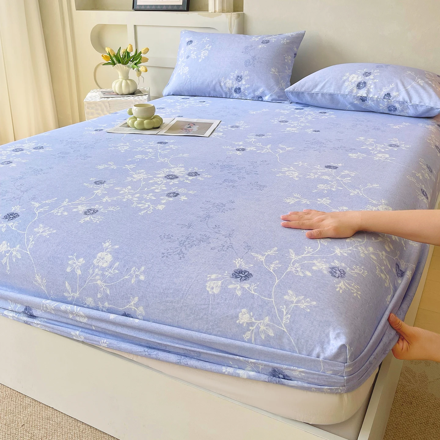 100%Cotton Bed Sheet Single/Queen/King Blue Flower Printed Bed Sheets for Home sabana para cama High Quality Cotton draps lit